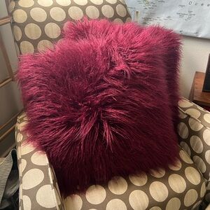 Maroon faux Mongolian lamb fur throw pillows set of 2